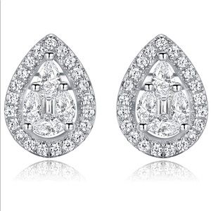 NWOT - Sterling Silver Teardrop Stud Earrings – Cubic Zirconia Halo Sparkle
